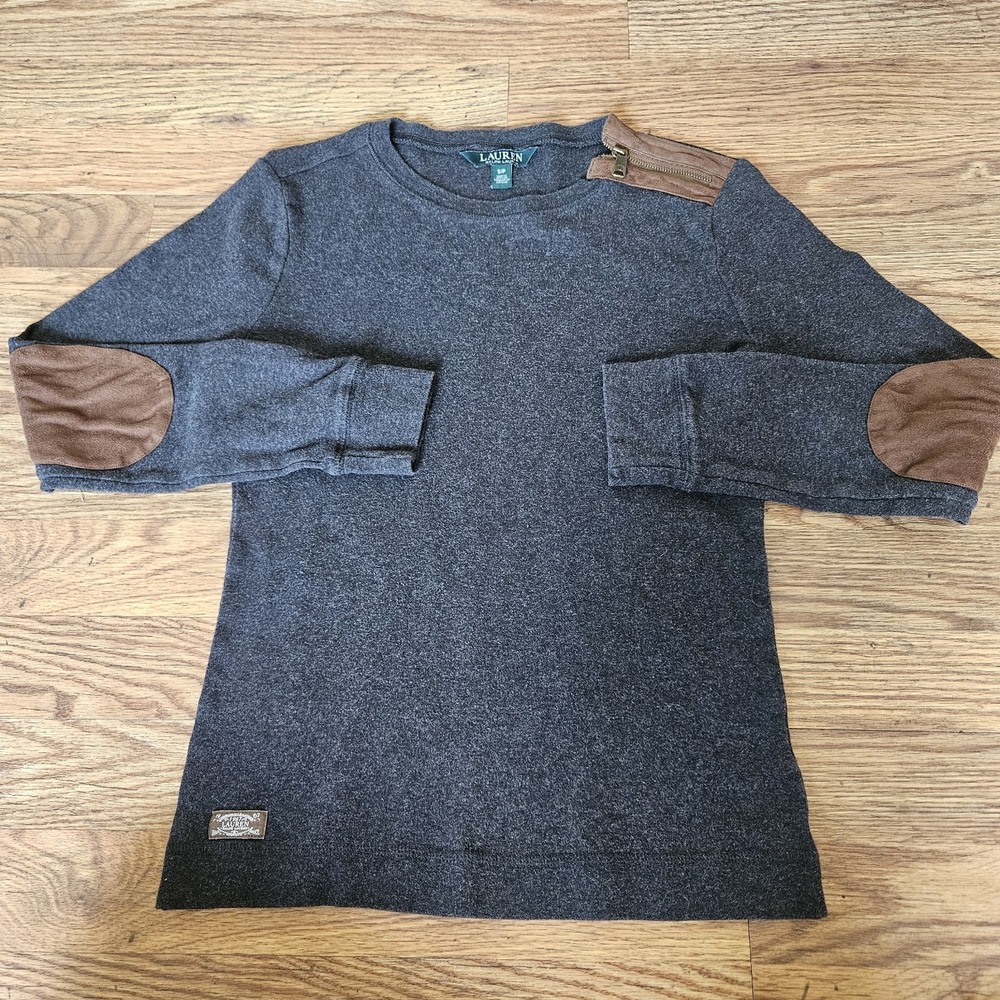LRL Ralph Lauren Long Sleeve Top Elbow Patches Small Women‎ Cotton Zip Shoulder